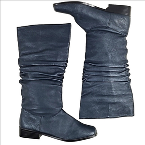 Vintage Classique Navy Blue Leather Square Toe Pull On Slouch Scrunch Boot